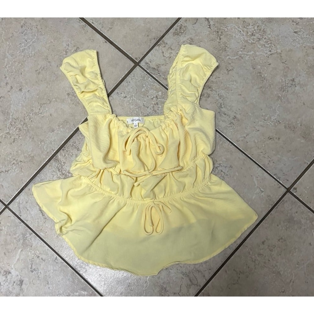 Women's yellow ruched tie-front peasant peplum top size large